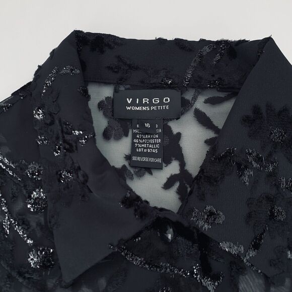 VTG Virgo Top Women 16 Black Velvet Burnout Sheer Sparkle Button Whimsygoth Goth - Picture 4 of 9